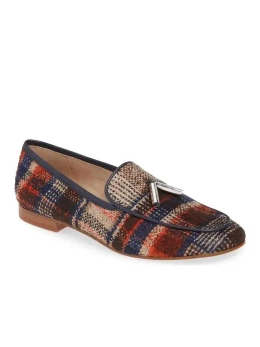 Louise et Cie Blondell Tartan Plaid Tweed Tassel Loafers Navy, Rust, Brown 7.5